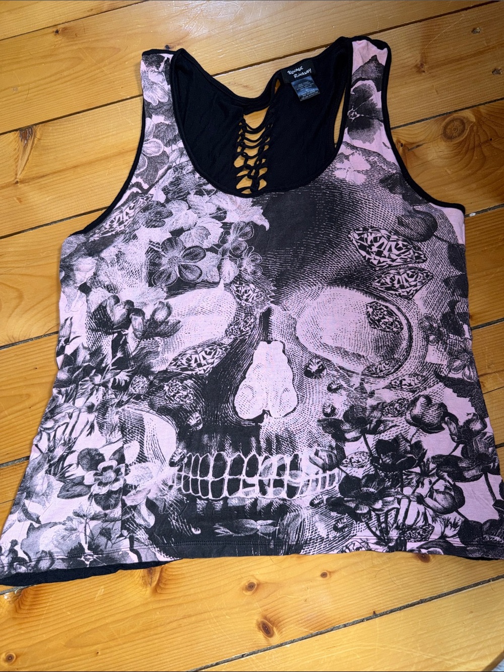 Teenage Runaway Women's Pink & Black Floral Skull Lace-Back Tank Top size XL